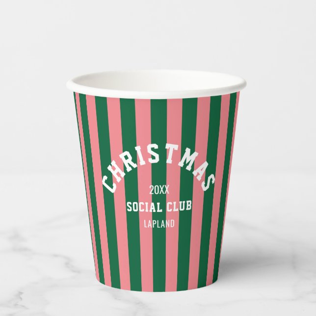 Christmas Social Club Green Pink Candy Stripes Paper Cups (Front)