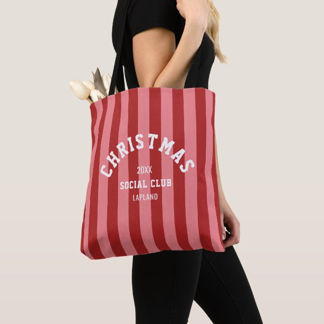 Christmas Social Club Red Pink Candy Stripes Tote Bag (Close Up)