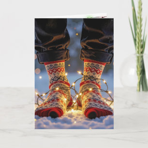 Christmas Socks and Holiday Lights in Snow Card