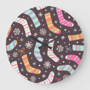 Christmas socks and snowflakes: vintage pattern large clock