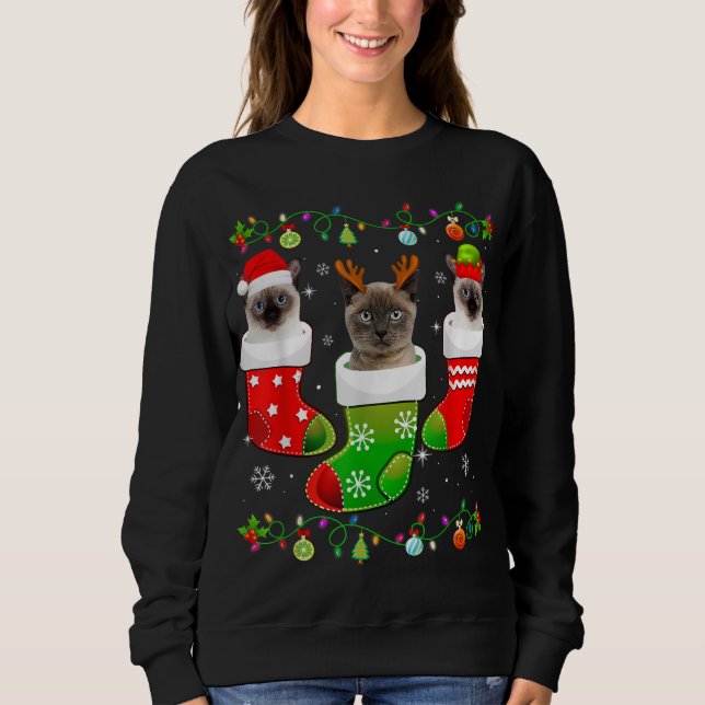 Christmas Socks Funny Siamese Cat Lover Xmas Light Sweatshirt (Front)