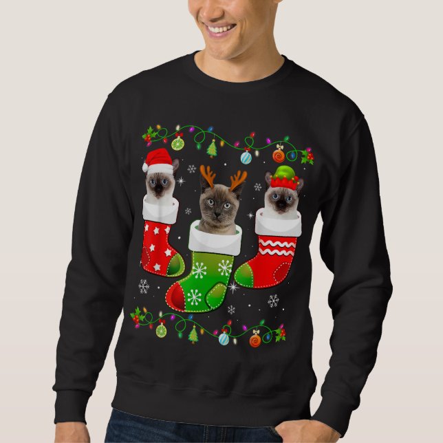 Christmas Socks Funny Siamese Cat Lover Xmas Light Sweatshirt (Front)