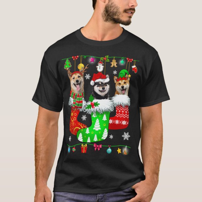 Christmas Socks Pajama Shiba Inu Dog Puppy Lover T-Shirt (Front)