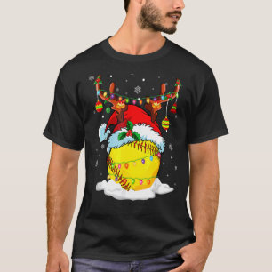 Christmas Softball Ball Santa Hat Reindeer Lights T-Shirt