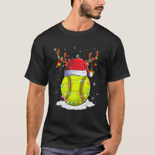 Christmas Softball Ball Santa Hat Reindeer Lights T-Shirt