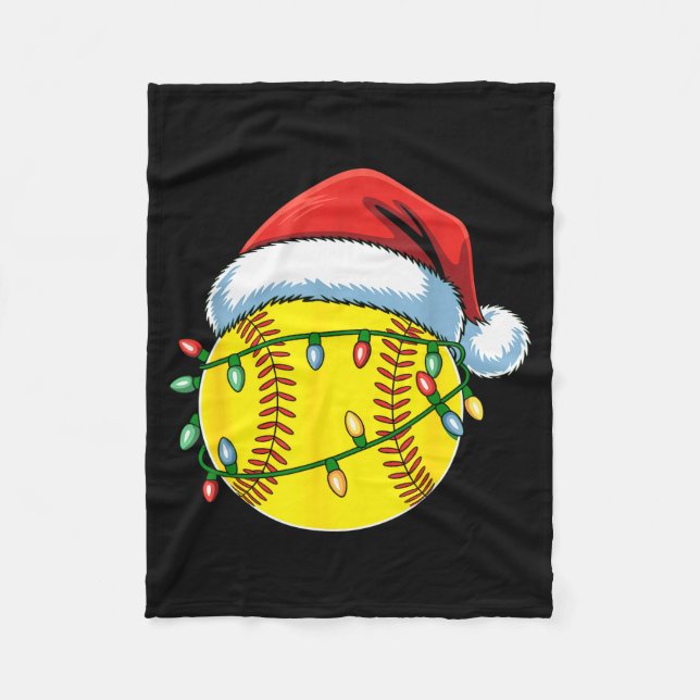 Christmas Softball Ball Santa Hat Softball Xmas Li Fleece Blanket (Front)