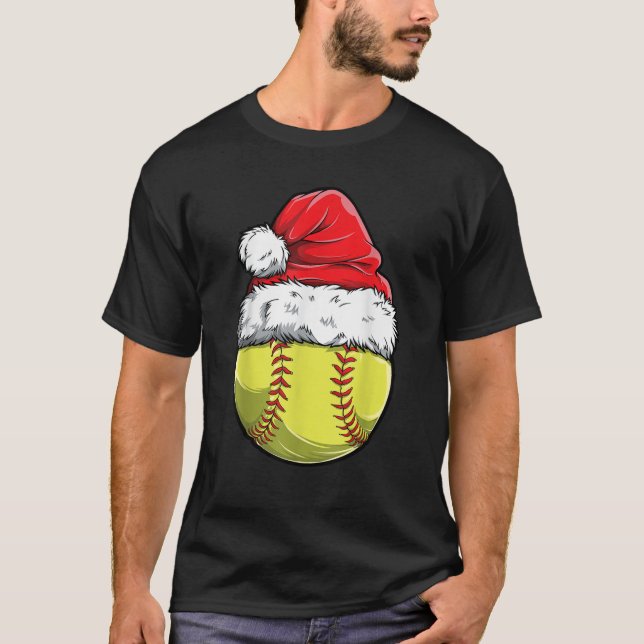 Christmas Softball Ball Santa Hat Xmas Girls Catch T-Shirt (Front)