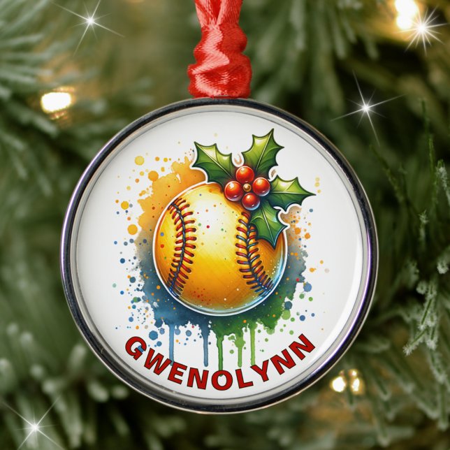 Christmas Softball Custom Name Metal Ornament (Creator Uploaded)