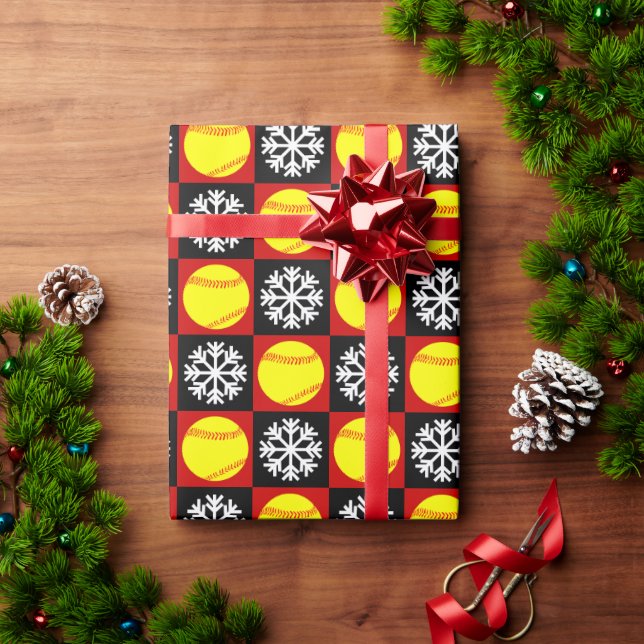 Christmas Softball Red and Black Snowflake Pattern Wrapping Paper (Holiday Gift)