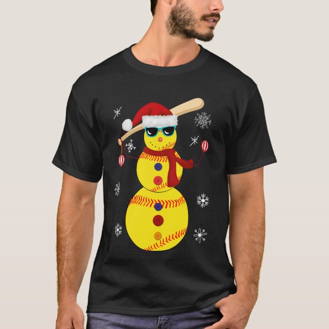 Christmas Softball Snowman Santa Hat Gift T-Shirt (Front)