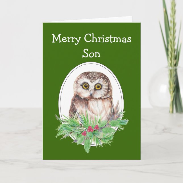 Christmas Son Cute Owl Bird Holly PIne Holiday Card (Front)