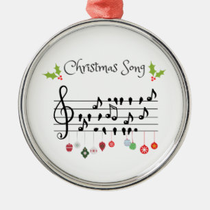 Christmas Song Musical Notes Birds and Holly Metal Ornament