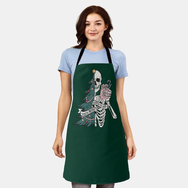 Christmas Sorta Scary Sorta Merry Funny Skeleton  Apron (Worn)