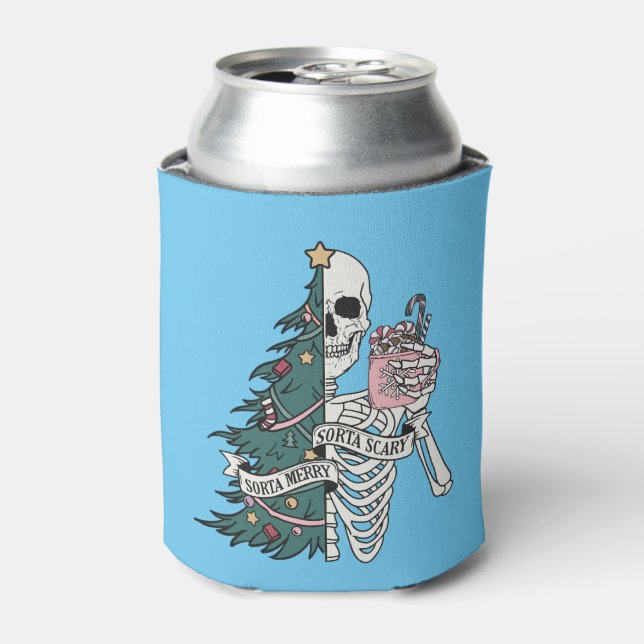 Christmas Sorta Scary Sorta Merry Funny Skeleton  Can Cooler (Can Front)