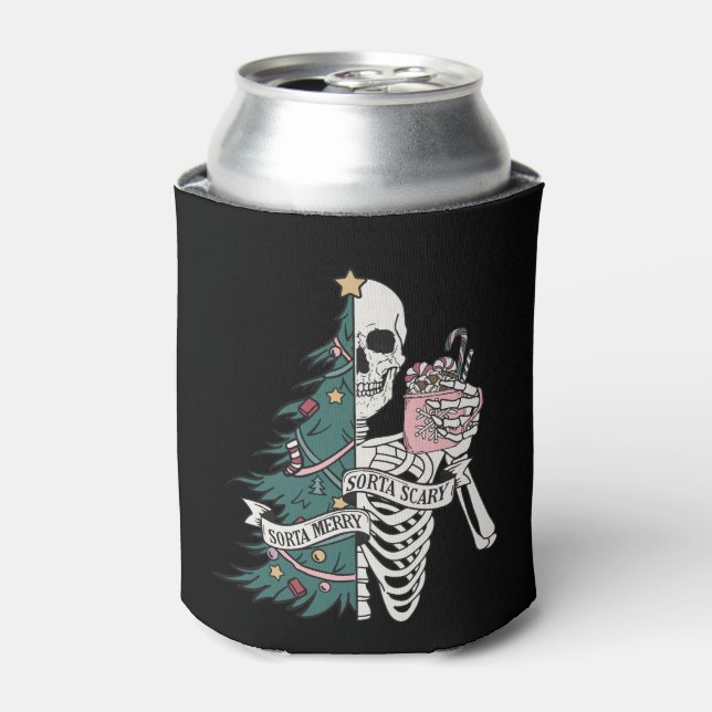 Christmas Sorta Scary Sorta Merry Funny Skeleton  Can Cooler (Can Front)