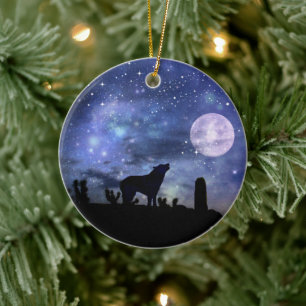 Christmas Southwestern Coyote and Cactus Ceramic Ornament