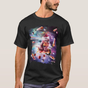 Christmas Space Cat Eating Pizza Laser Eyes Xmas X T-Shirt