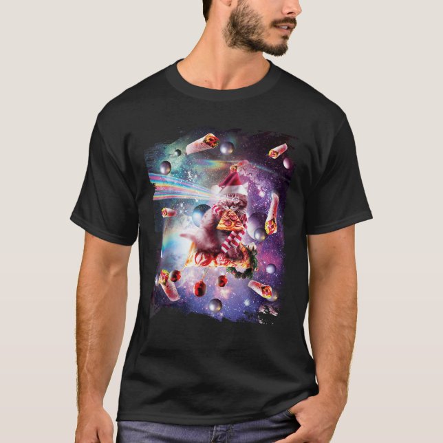 Christmas Space Cat Eating Pizza Laser Eyes Xmas X T-Shirt (Front)