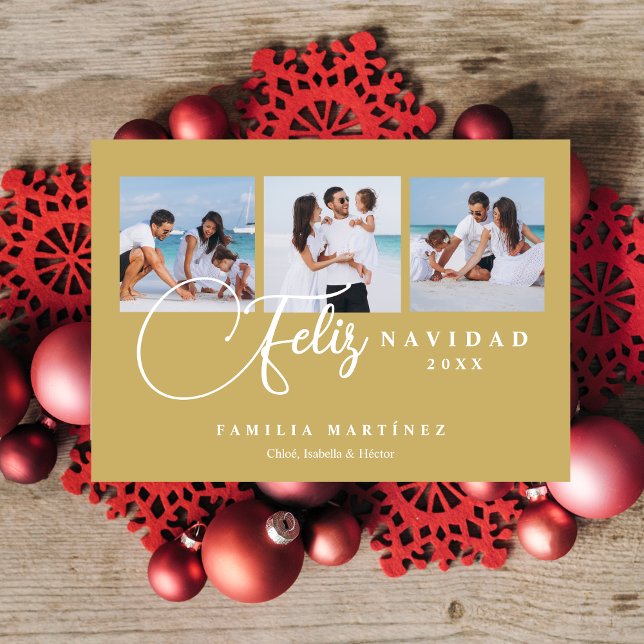Christmas Spanish Cute 3 Multi Photo Collage Holiday Card (Christmas Spanish Cute 3 Multi Photo Collage in Faux Gold Holiday Card with Envelope. )