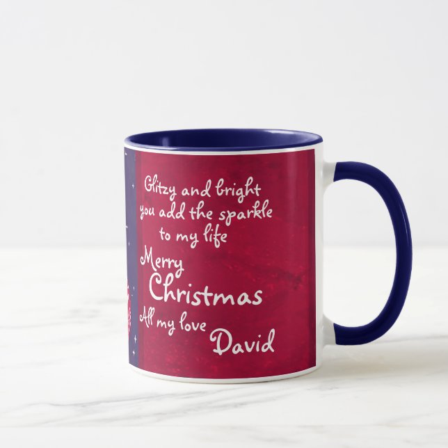 Christmas sparkle bauble red/blue love mug (Right)