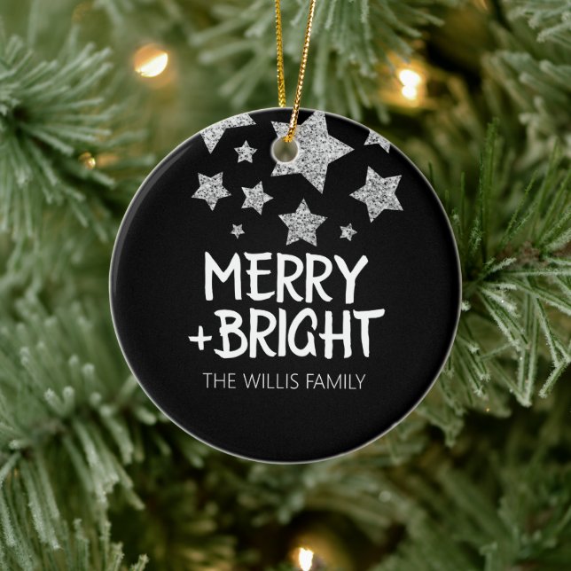 Christmas Sparkle Stars Merry bright Family name Ceramic Ornament (Tree)
