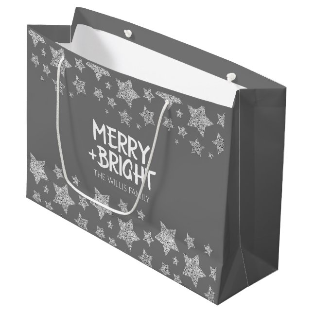 Christmas Sparkle Stars Merry bright Family name Large Gift Bag (Front Angled)