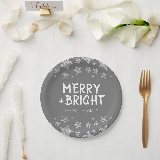 Christmas Sparkle Stars Merry bright Family name Paper Plate (Wedding)