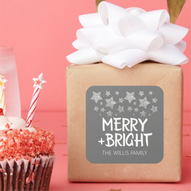 Christmas Sparkle Stars Merry bright Family name Square Sticker (Party)