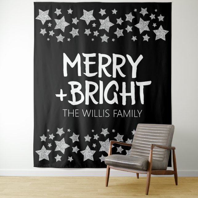 Christmas Sparkle Stars Merry bright Family name Tapestry (In Situ)