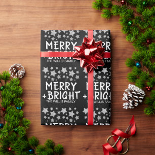 Christmas Sparkle Stars Merry bright Family name Wrapping Paper