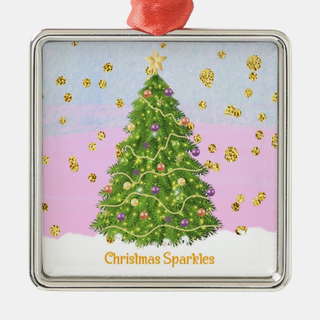 Christmas Sparkles with Tree & Faux Glitter Metal Ornament (Front)