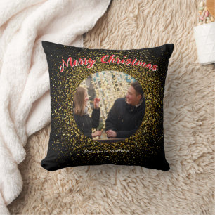 Christmas Sparkling Glitter Black Custom Photo Cushion