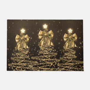 Christmas Sparkling Trees Gold Faux Bow Doormat