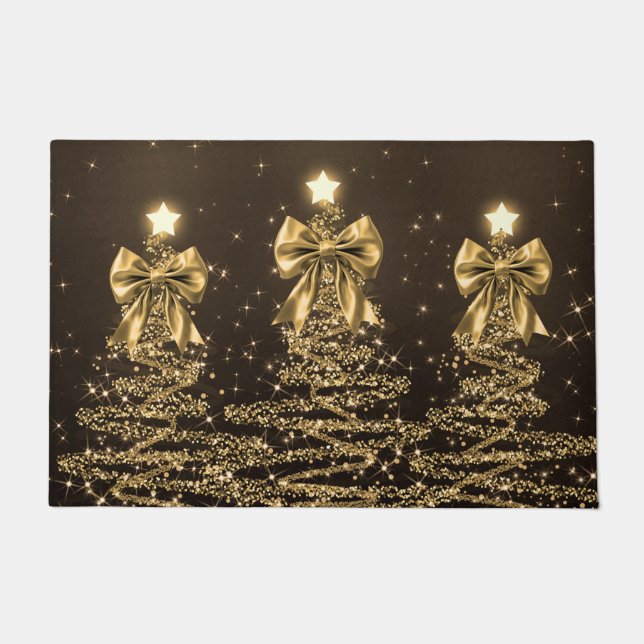 Christmas Sparkling Trees Gold Faux Bow  Doormat (Front)