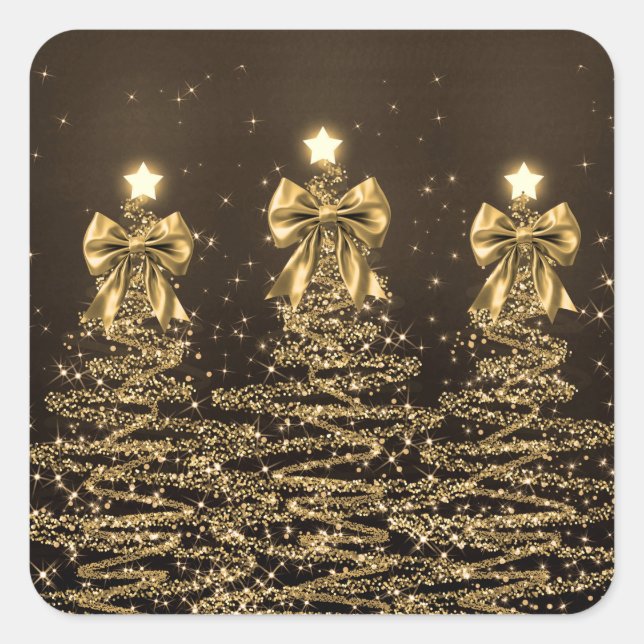 Christmas Sparkling Trees Gold Faux Bow  Square Sticker (Front)