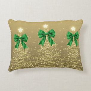 Christmas Sparkling Trees Gold Faux Green Bow  Decorative Cushion