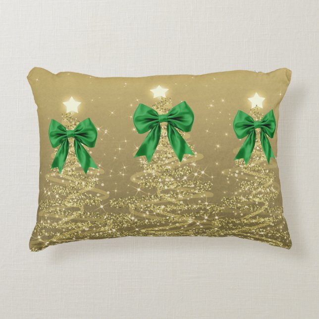 Christmas Sparkling Trees Gold Faux Green Bow  Decorative Cushion (Front)