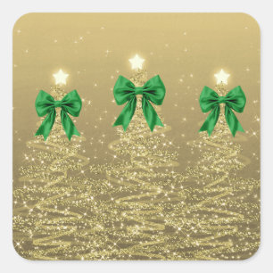 Christmas Sparkling Trees Gold Faux Green Bow  Square Sticker