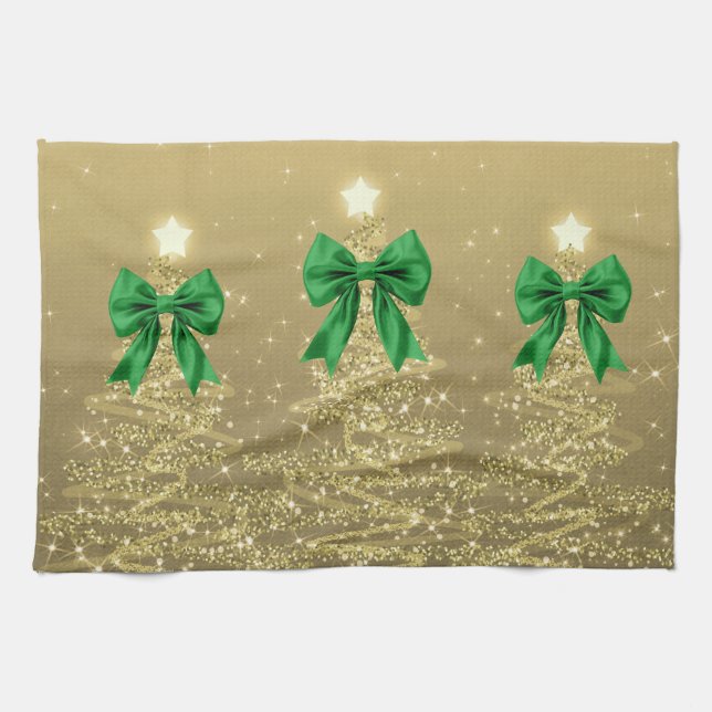 Christmas Sparkling Trees Gold Faux Green Bow  Tea Towel (Horizontal)