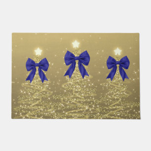 Christmas Sparkling Trees Gold Faux Navy Bow Doormat
