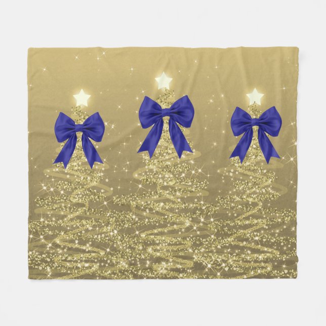 Christmas Sparkling Trees Gold Faux Navy Bow  Fleece Blanket (Front (Horizontal))