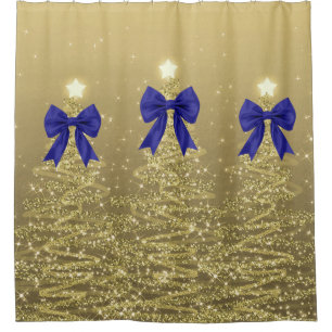 Christmas Sparkling Trees Gold Faux Navy Bow Shower Curtain