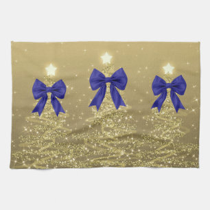 Christmas Sparkling Trees Gold Faux Navy Bow Tea Towel