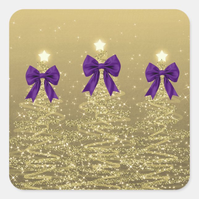 Christmas Sparkling Trees Gold Faux Purple Bow  Square Sticker (Front)