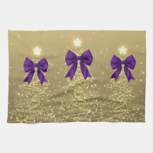 Christmas Sparkling Trees Gold Faux Purple Bow Tea Towel