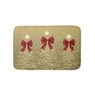 Christmas Sparkling Trees Gold Faux Red Bow Bath Mat