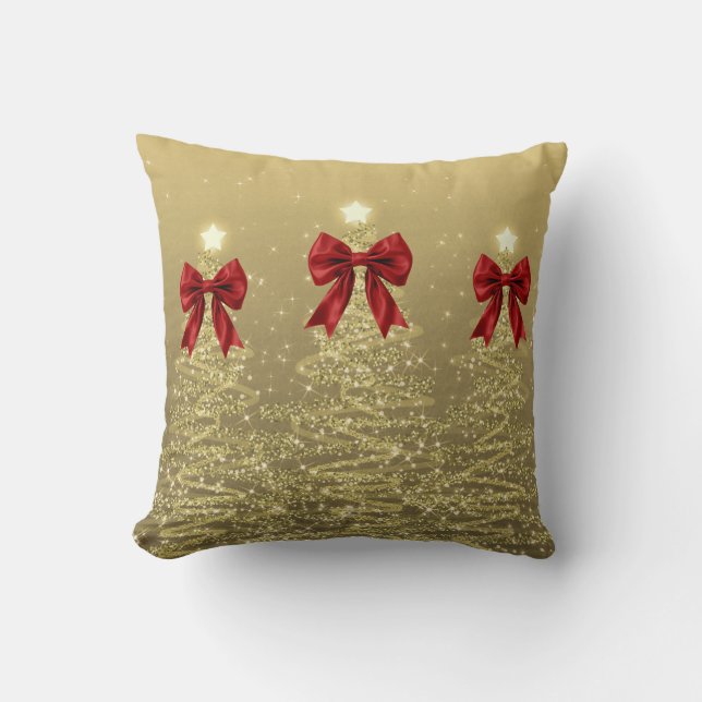 Christmas Sparkling Trees Gold Faux Red Bow Cushion (Front)