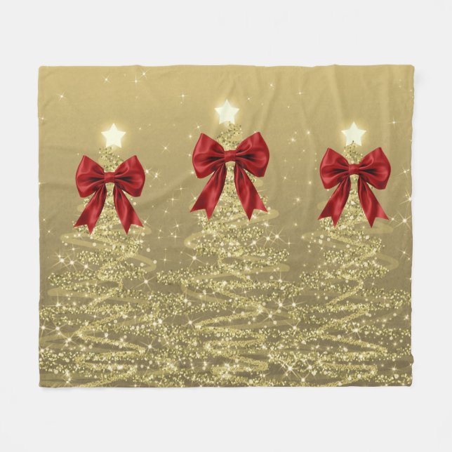Christmas Sparkling Trees Gold Faux Red Bow  Fleece Blanket (Front (Horizontal))