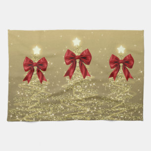 Christmas Sparkling Trees Gold Faux Red Bow Tea Towel