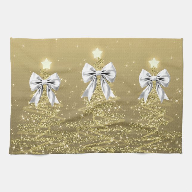 Christmas Sparkling Trees Gold Faux Silver Bow  Tea Towel (Horizontal)